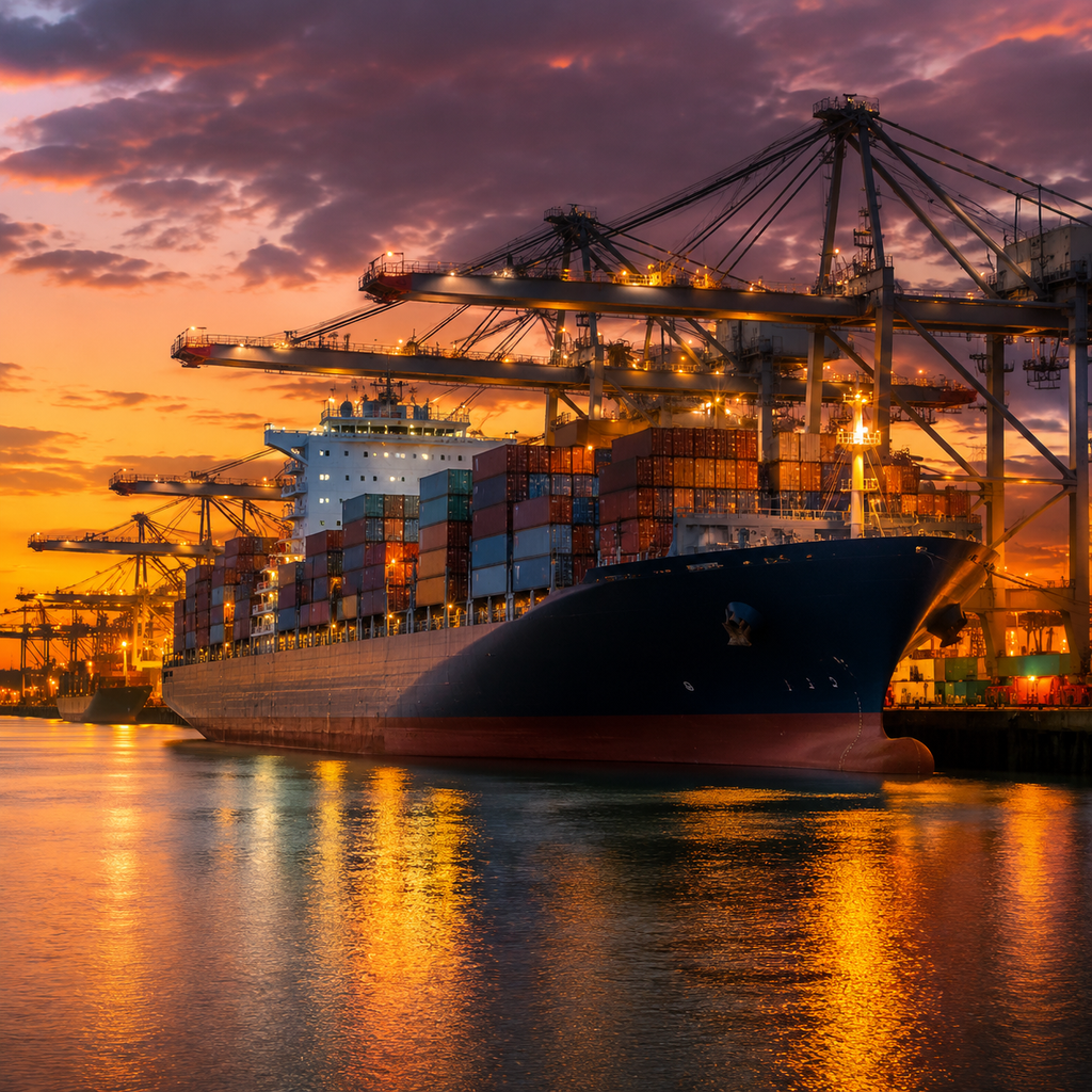 Containerfrachter im Hafen bei Dämmerung