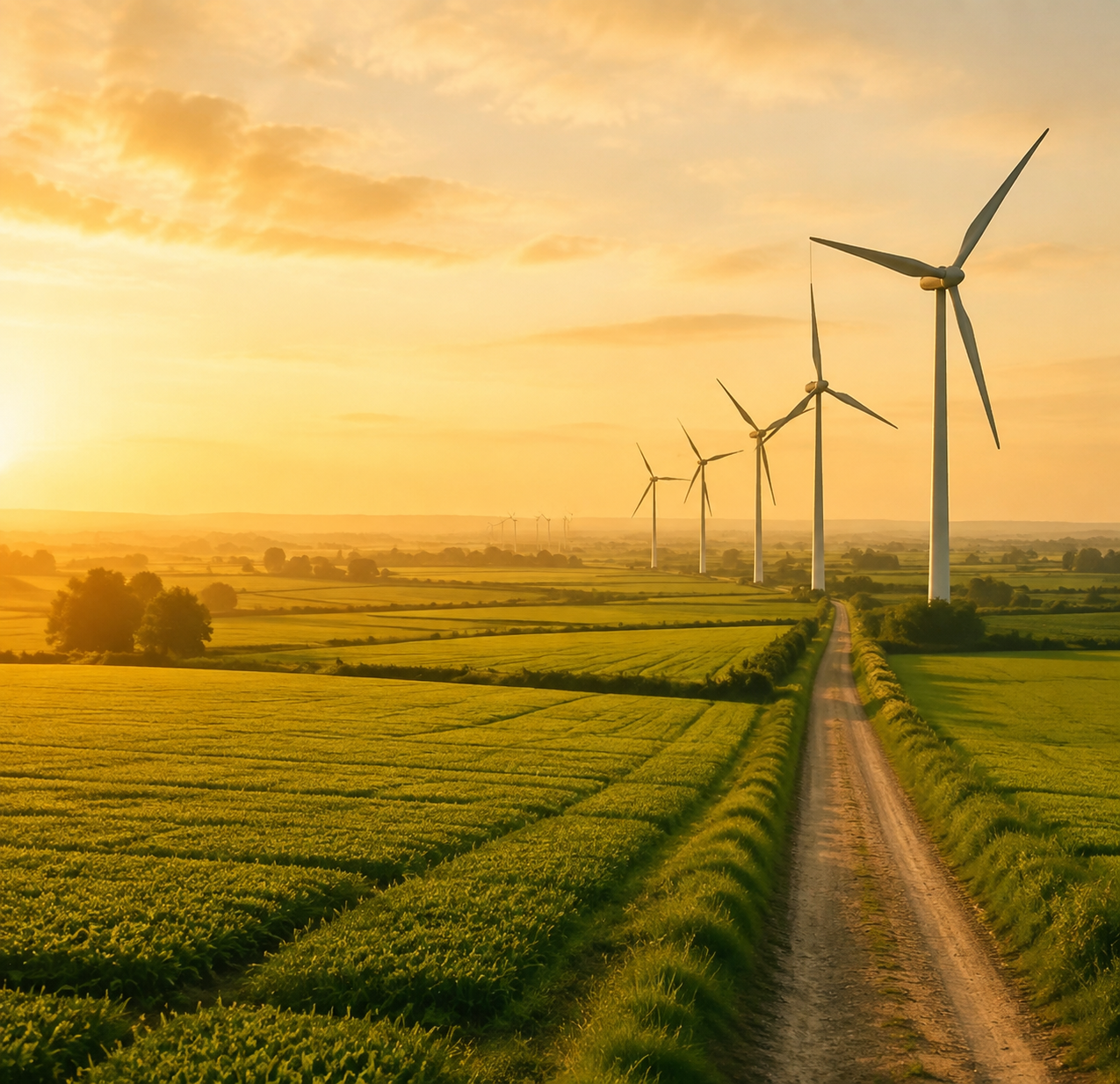 Weites Ackerland mit Windrädern im Abendlicht