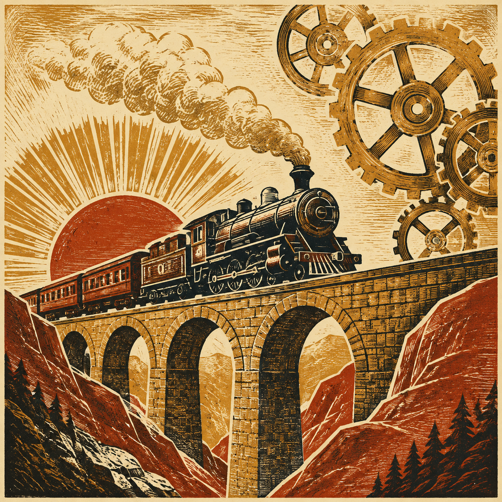 Linolschnitt-Illustration einer Dampflokomotive